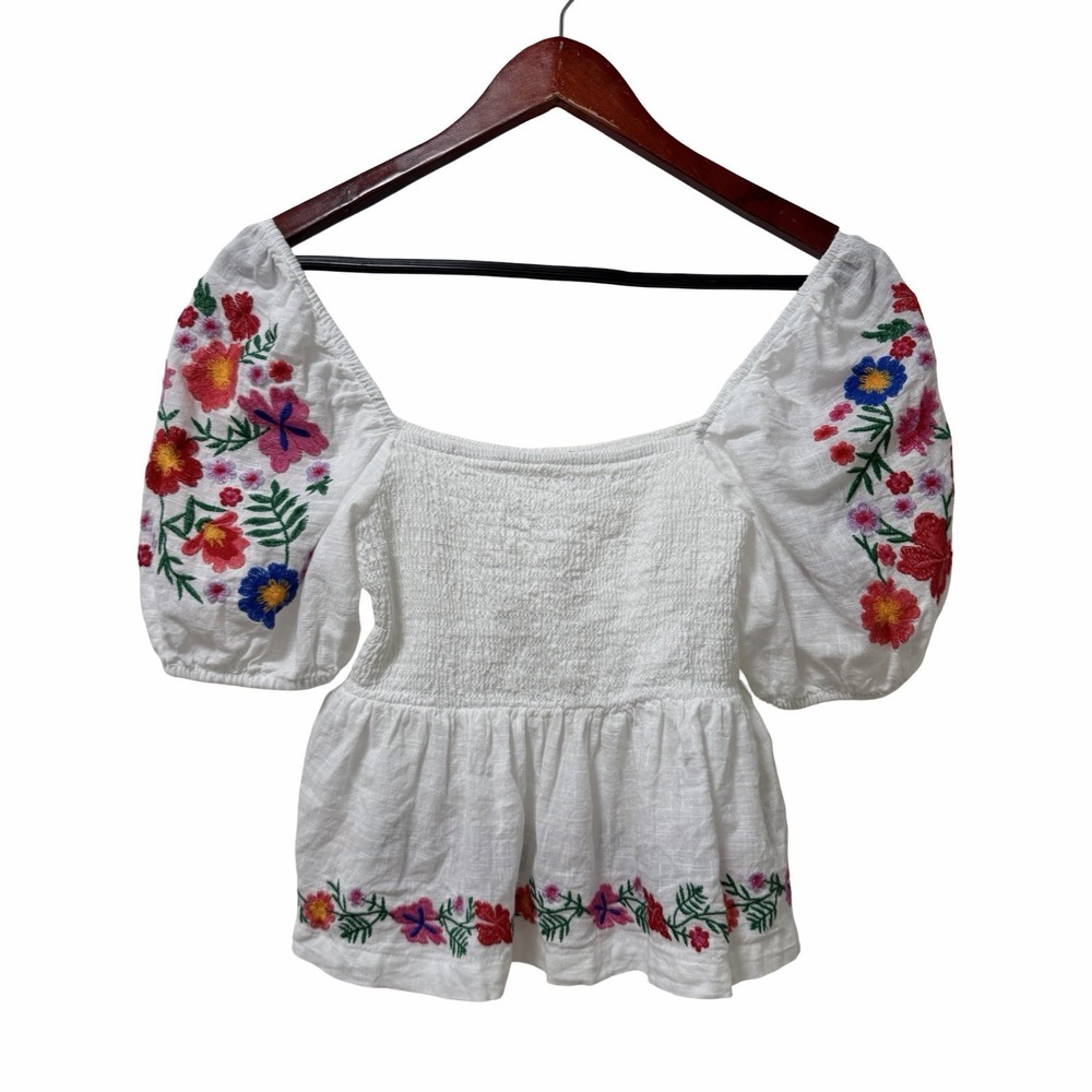 Altard State Embroidered Smocked Babydoll Top Size S White Prairie Cottagecore